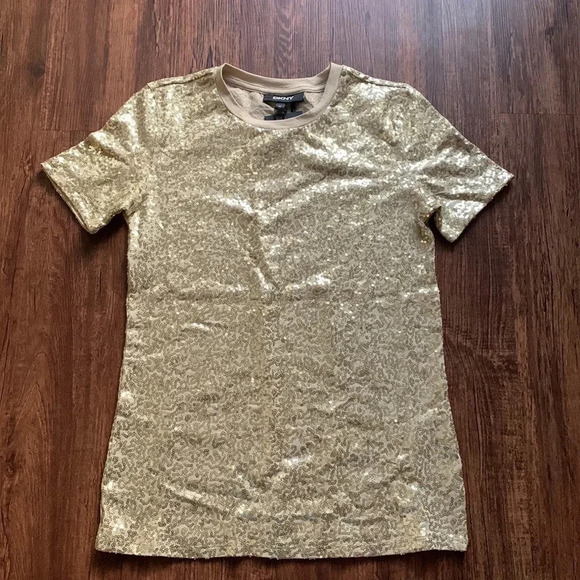DKNY Sequined Gold T-Shirt Size XXS NWT - Picture 2 of 10